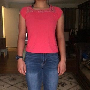 Red flowery shirt with lace detail